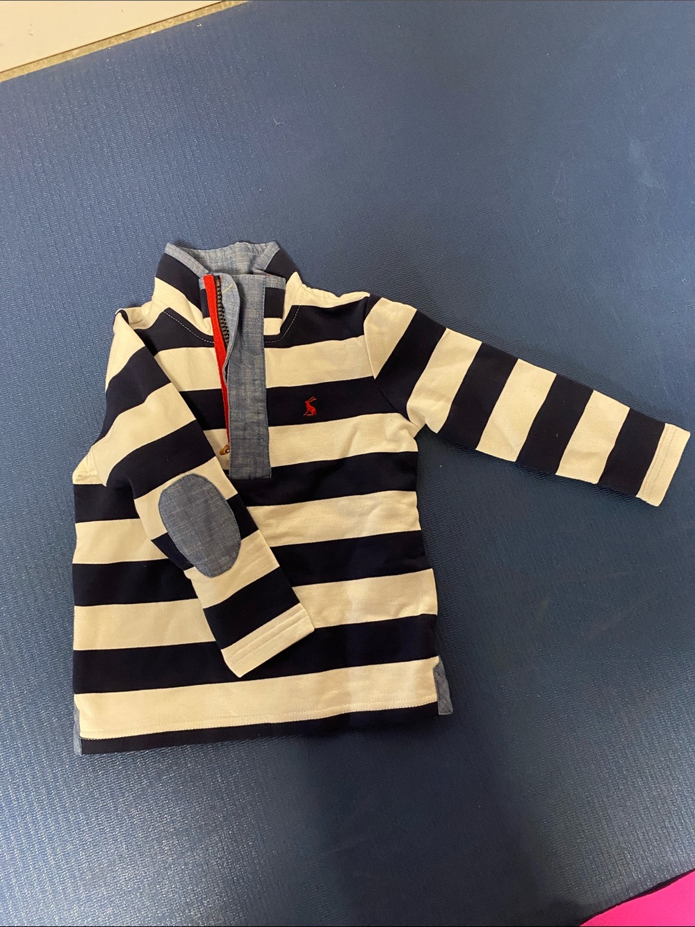 Joules Navy and Cream Striped Half-Zip Hoodie with Red Trim
